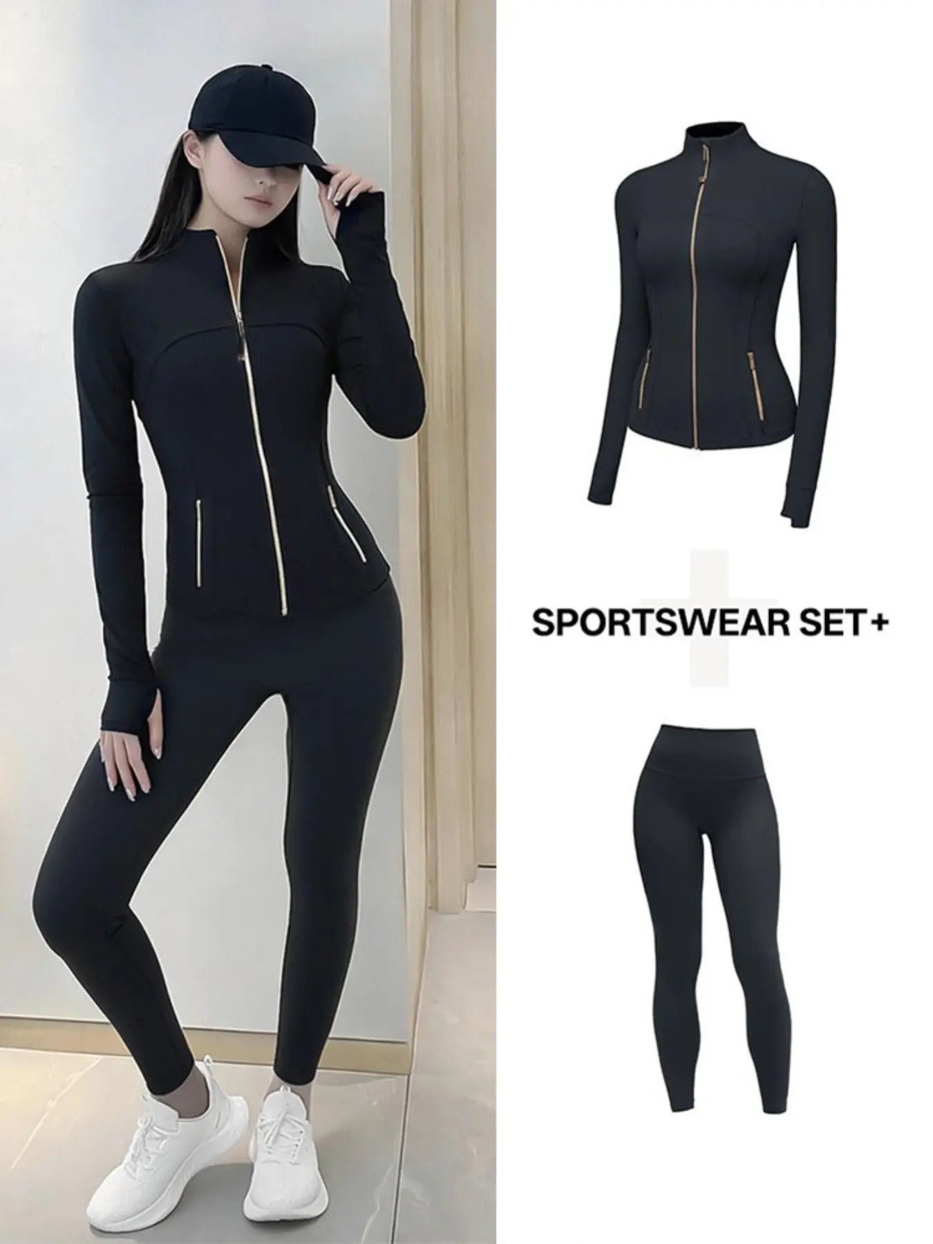 Two-Piece Sports Yoga Set, Women's Golden Zipper Jacket & Seamless Leggings, Yoga Outfit, Seamless Yoga Outfits, Fitted Sport