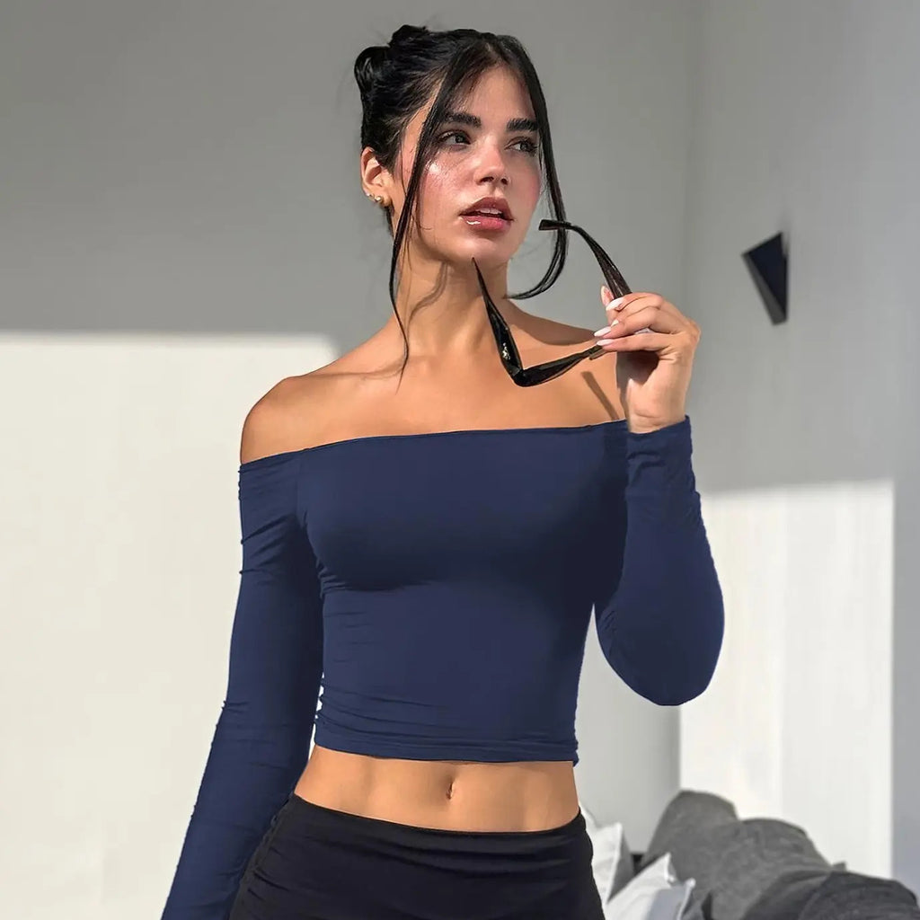 YEOREO Sophie Buttery Soft Off Shoulder Long Sleeve Shirt Double Lined Y2K Going Out Top Casual Cute Basic Womenswear