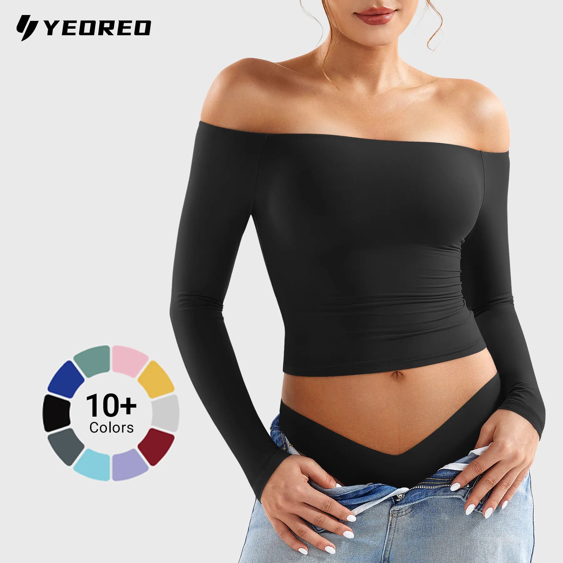 YEOREO Sophie Buttery Soft Off Shoulder Long Sleeve Shirt Double Lined Y2K Going Out Top Casual Cute Basic Womenswear