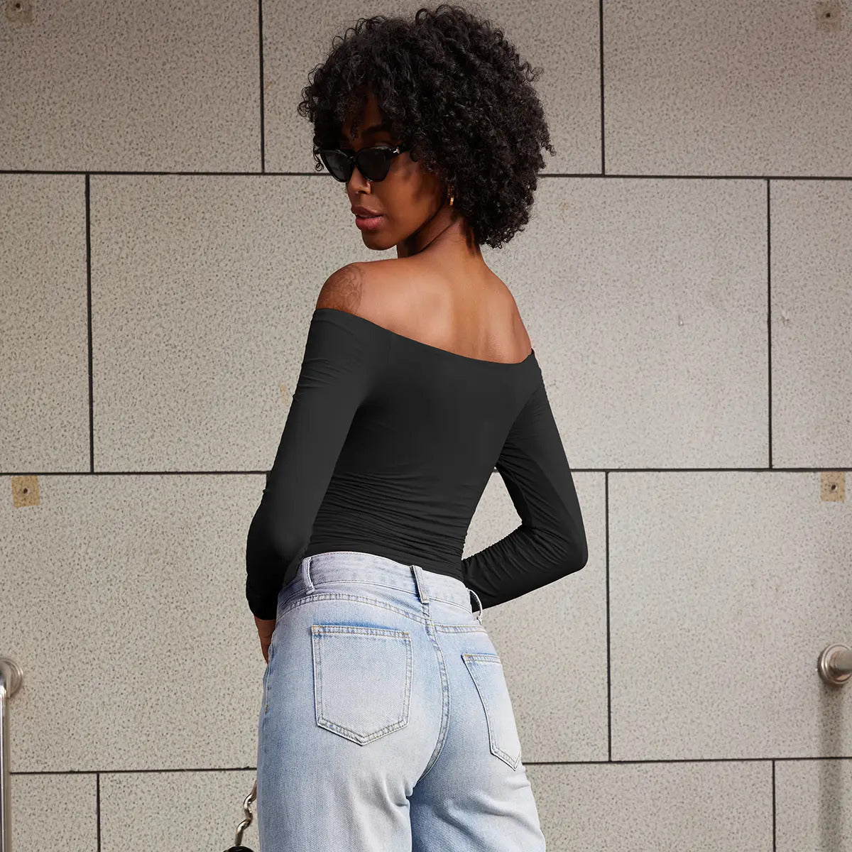 YEOREO Sophie Buttery Soft Off Shoulder Long Sleeve Shirt Double Lined Y2K Going Out Top Casual Cute Basic Womenswear