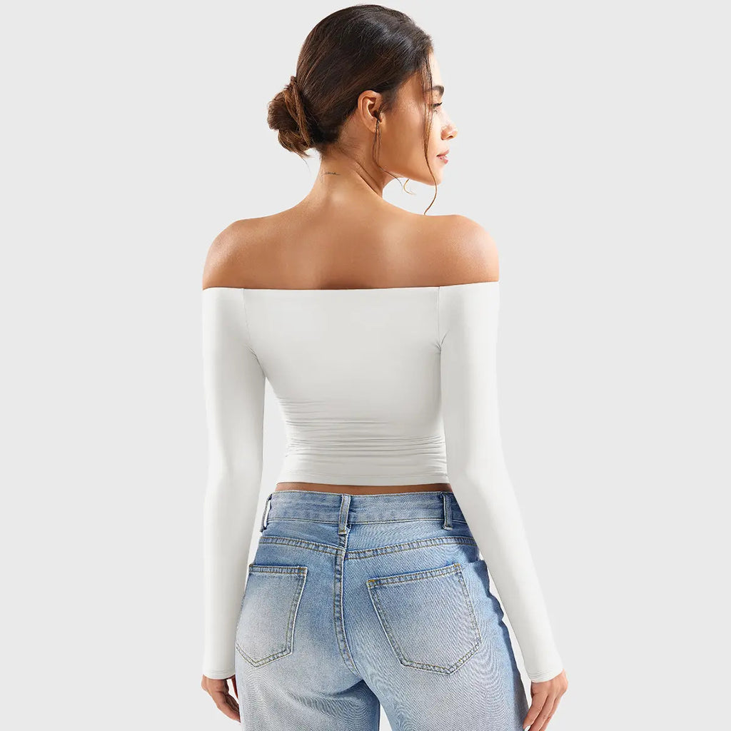 YEOREO Sophie Buttery Soft Off Shoulder Long Sleeve Shirt Double Lined Y2K Going Out Top Casual Cute Basic Womenswear