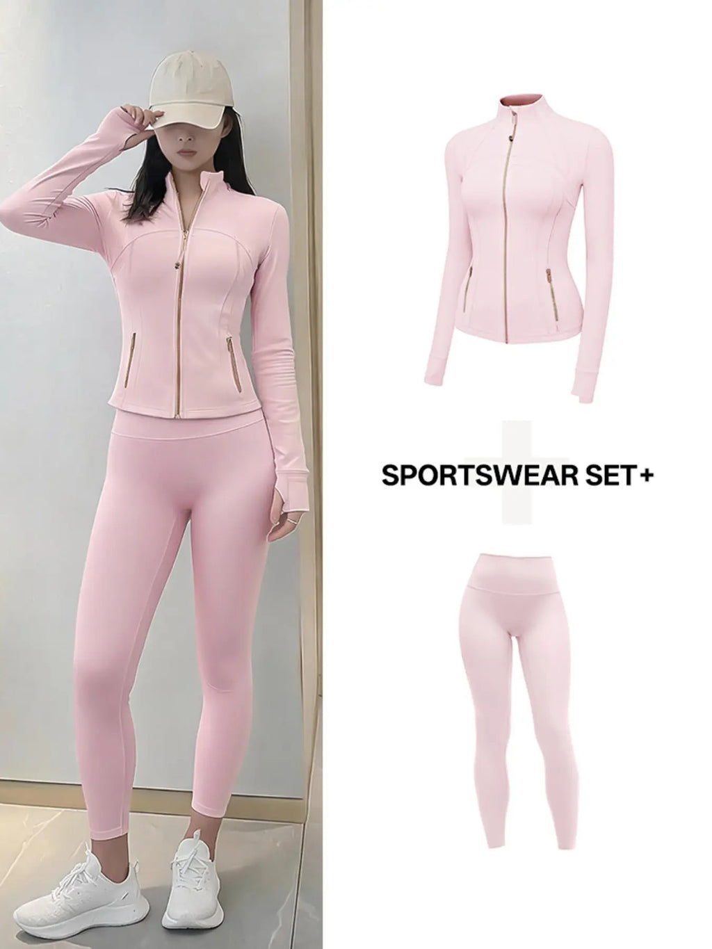 Two-Piece Sports Yoga Set, Women's Golden Zipper Jacket & Seamless Leggings, Yoga Outfit, Seamless Yoga Outfits, Fitted Sport