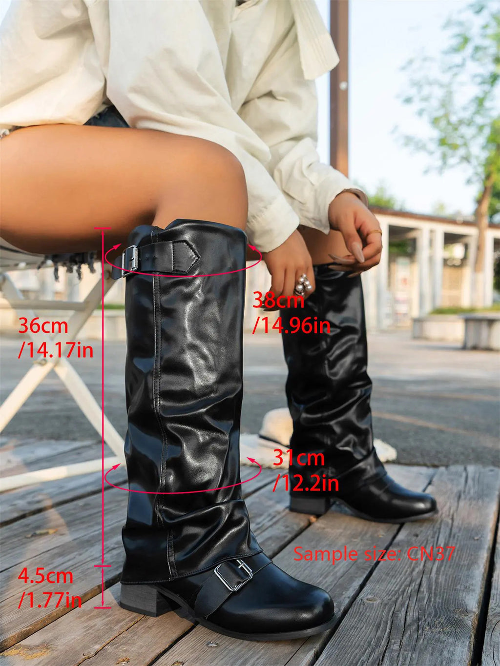 Women's Fashion Faux Leather Low Heel Boots, Casual Belted Knee High Boots, Round Toe Rubber Sole, Fall & Winter Style, Elega