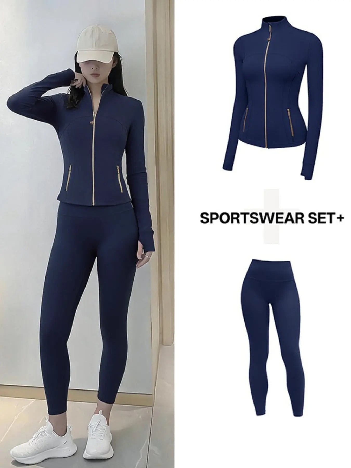 Two-Piece Sports Yoga Set, Women's Golden Zipper Jacket & Seamless Leggings, Yoga Outfit, Seamless Yoga Outfits, Fitted Sport