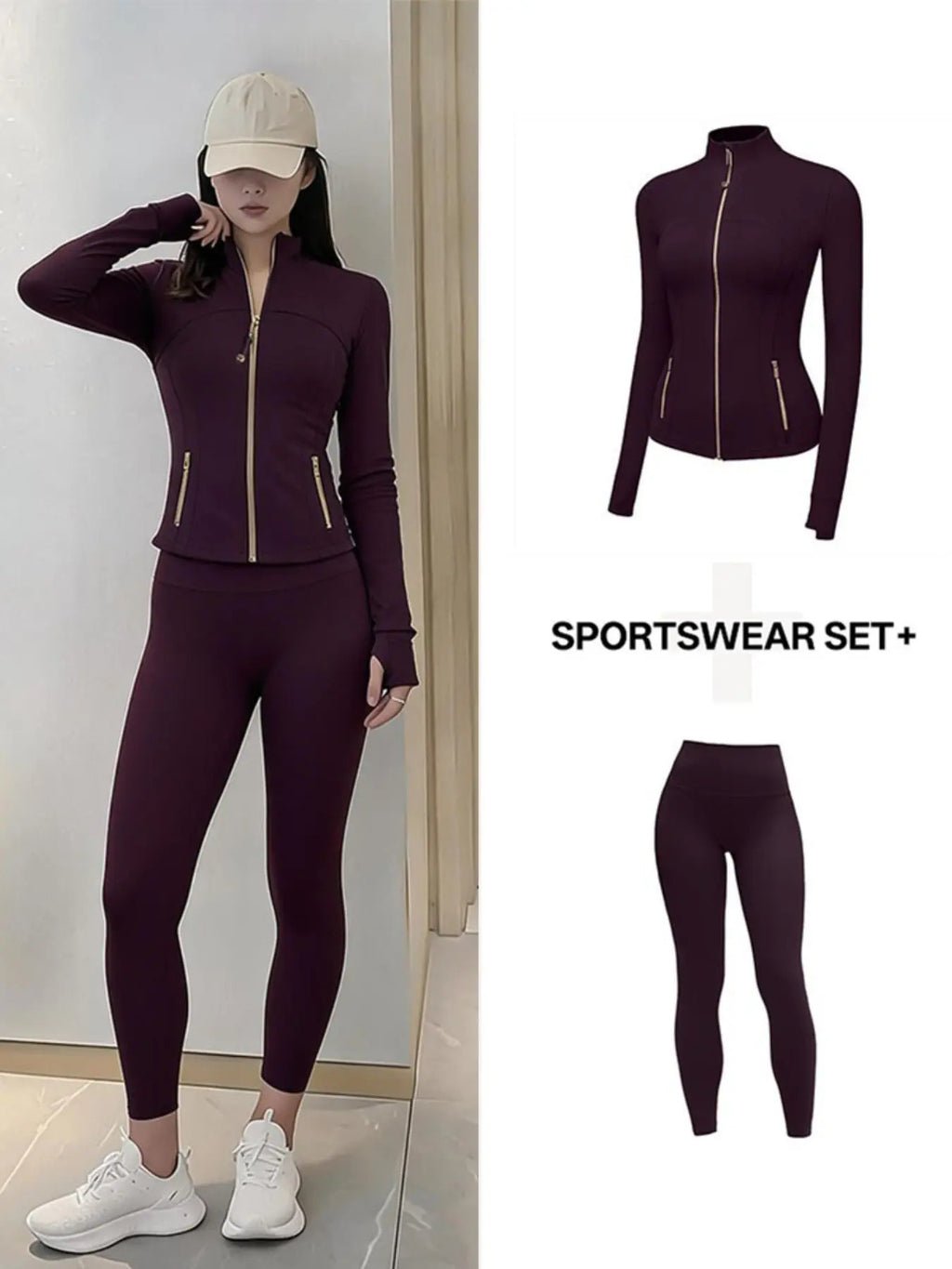Two-Piece Sports Yoga Set, Women's Golden Zipper Jacket & Seamless Leggings, Yoga Outfit, Seamless Yoga Outfits, Fitted Sport