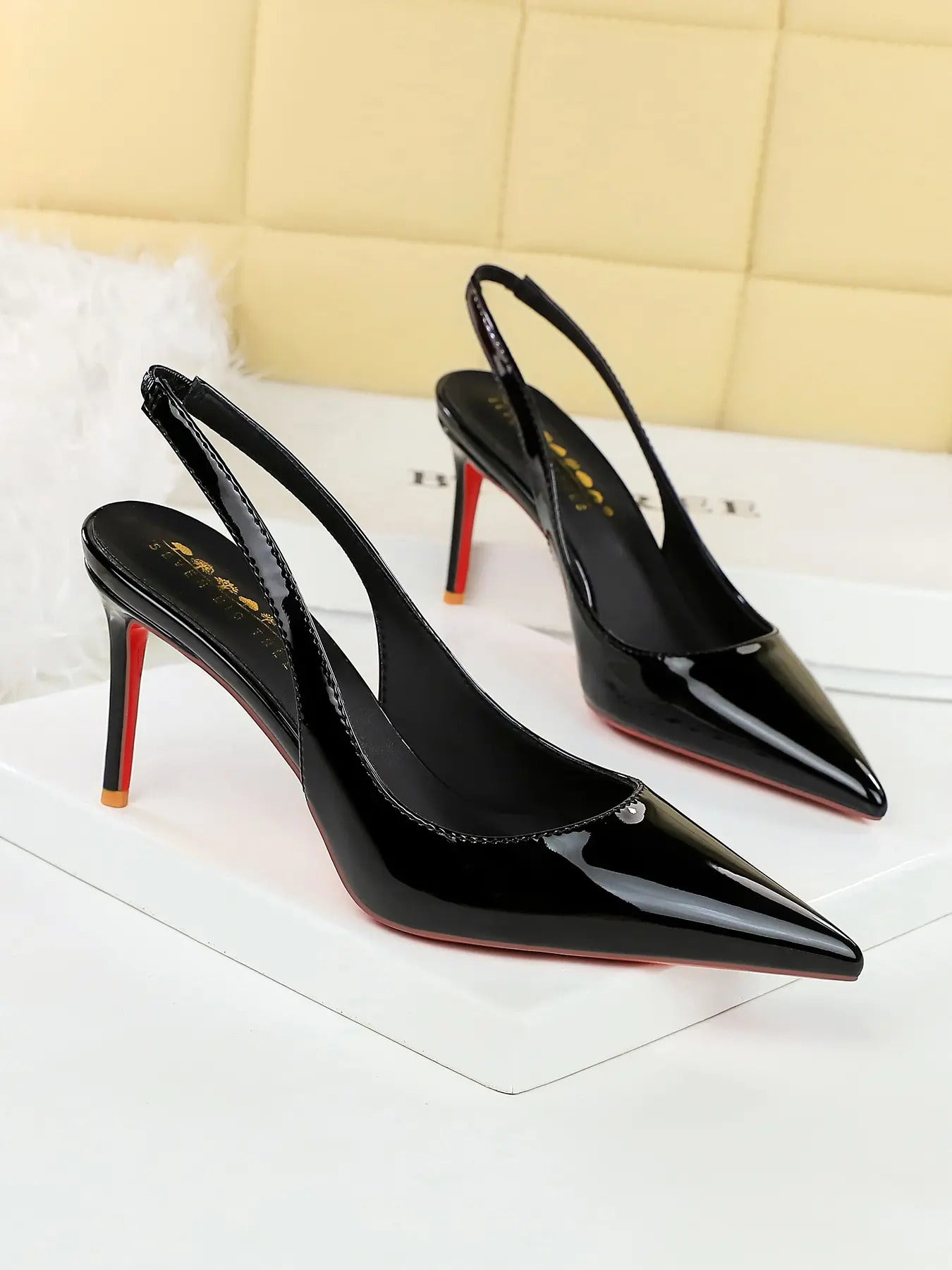 Women's Sexy PU Leather High Heels, Elegant Party Shoes, Pointed Toe Slip-On Shoes, Rubber Sole, All Season Fashion Footwear,