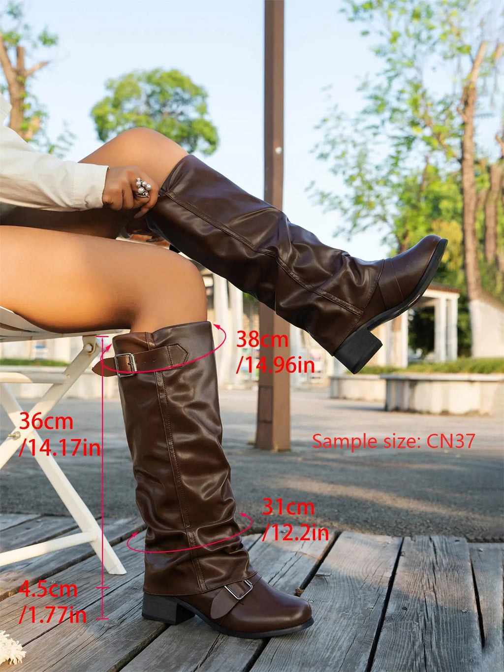 Women's Fashion Faux Leather Low Heel Boots, Casual Belted Knee High Boots, Round Toe Rubber Sole, Fall & Winter Style, Elega