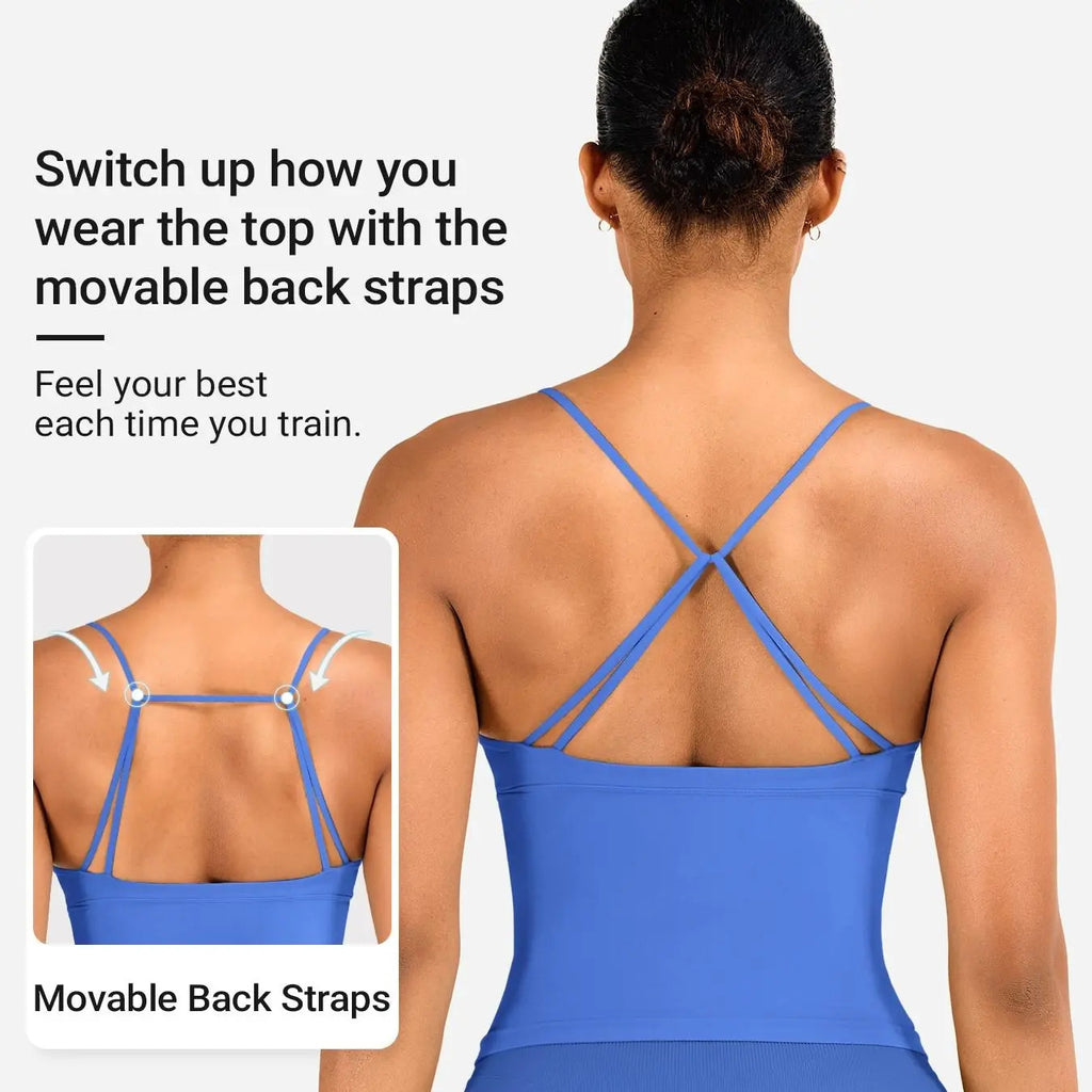 YEOREO Women's Halter Neck Sports Bra Longline Workout Tank Top with Built in Bra Backless Strappy Gym Top Buttery Soft Padde