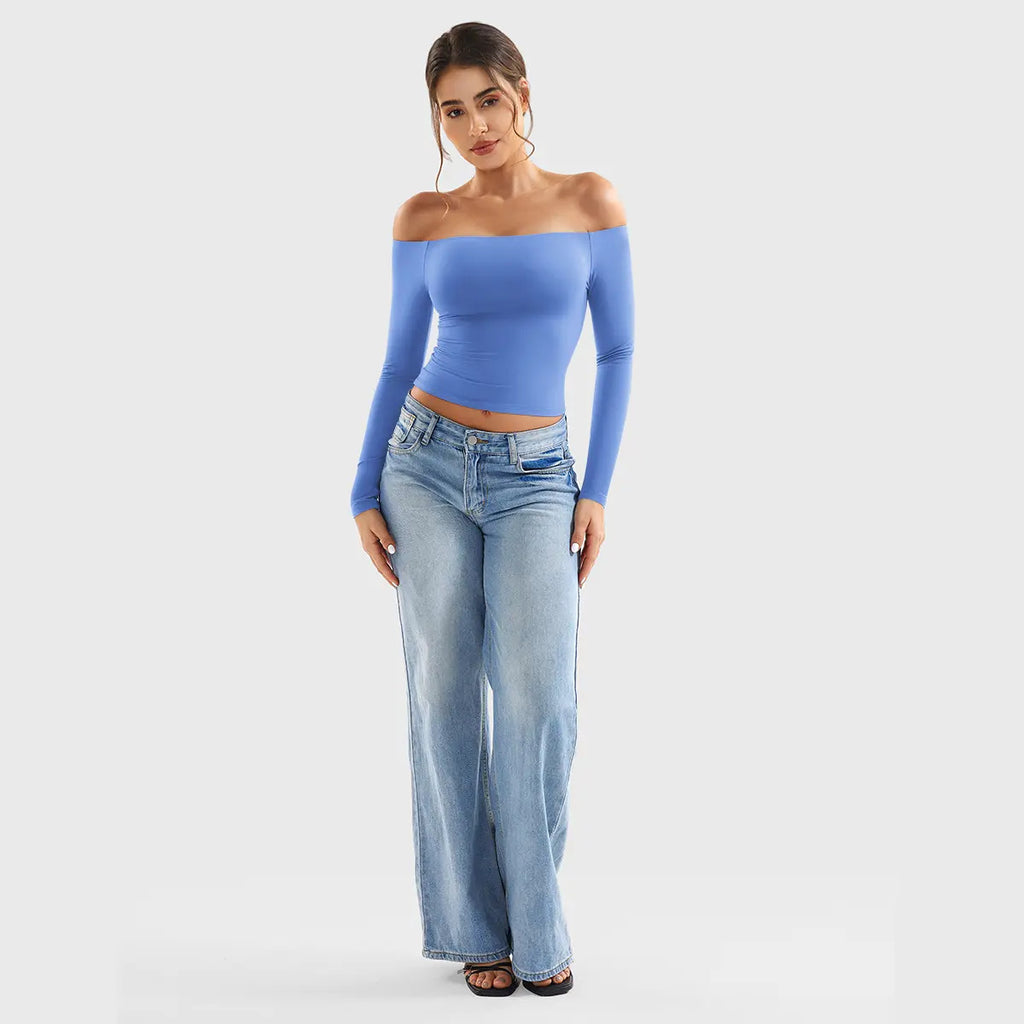 YEOREO Sophie Buttery Soft Off Shoulder Long Sleeve Shirt Double Lined Y2K Going Out Top Casual Cute Basic Womenswear